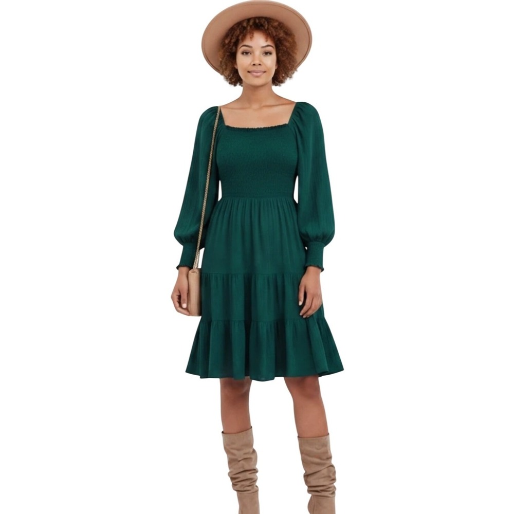 Lucky & Blessed Forest Green Smocked Tiered Mini Dress Long Sleeve Square Neck M